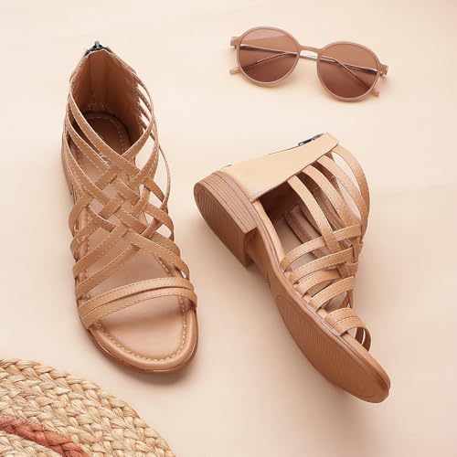 Image of TRASE Gladiator Sandals With Zip Closure Flats For Woman And Girls - Women Sandals - Stylish And Trendy Strappy Design Flat Footwear For College, Office And Beach Wear