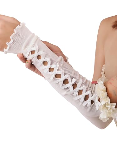 Sacina Long Bow Gloves, White Arm Warmers, Lolita Gothic Y2k Accessories, Vintage Costume Accessories
