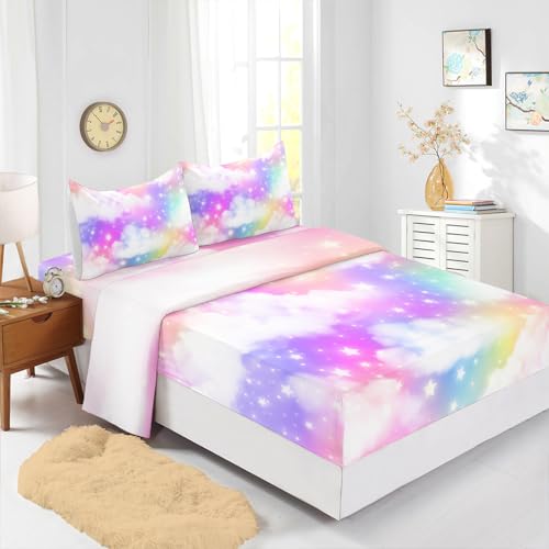 XYNHML Rainbow Kid Bedding Set Glitter Golden Stars Sheet 4Pcs Twin Tie Dye Art Cloud Pattern Bedspread Set for Kids Teens Girls Boys Bed Set with 1 Flat Sheet and 1 Fitted Sheet+2 Pillowcases