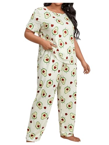 WDIRARA Women's Plus Size 2 Piece Strawberry Print Pajama Set Round Neck Short Sleeve and Pants Sleepwear Green 4X-Large Plus