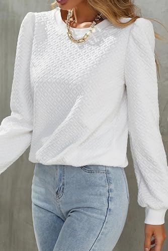 Women's White Textured Puff Long Sleeve Round Neck Top 6