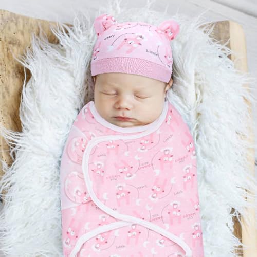 Image of Cinaci 2 Pieces Adjustable Soft Cotton Baby Swaddle Sleep Sacks Hats Newborn Nursery Caps Beanies Bonnets Swaddle Blanket Wraps for Baby Girls Boys Infants Newborns (2PCS S3)