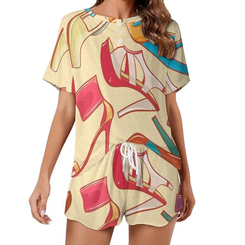 Vêtements de nuit été sleepwear ensemble pyjama femme manches courtes motif imprimé