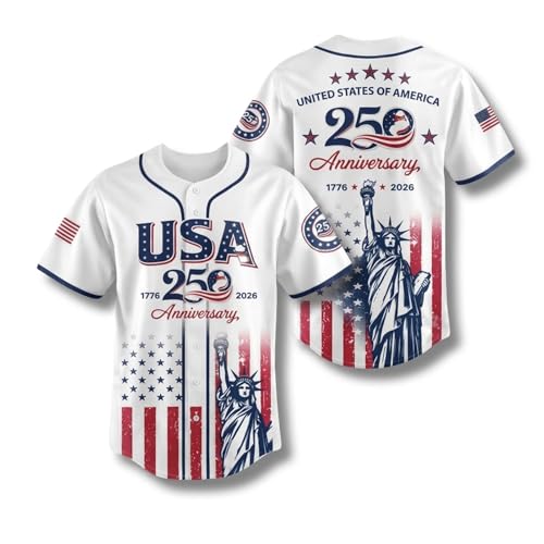 USA 250th Anniversary Baseball Jersey - Patriotic Statue of Liberty Print Shirt USA Flag Button Down Breathable Shirt (US Alpha X-Large Regular Regular 1 PCS)
