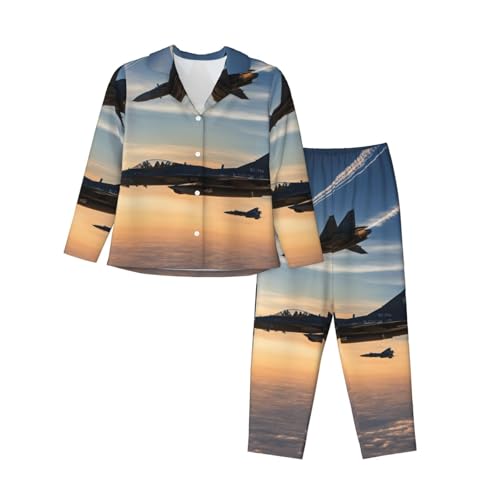 Pyjama manches longues femme motif avion de chasse vêtement nuit coton décontracté deux pièces
