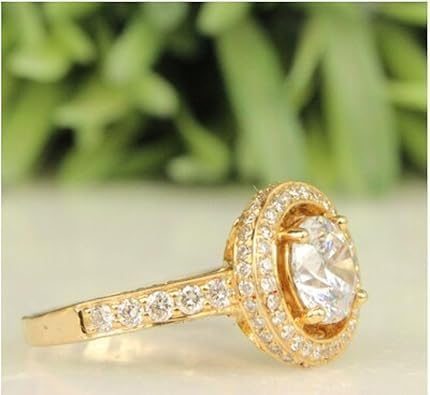 1.50 Ct Round Cut Halo Diamond Engagement Ring for Women – 14K Yellow Gold Plated 925 Sterling Silver Classic Pave Set Halo Bridal Ring, Vintage Style Promise Wedding Anniversary Ring Gift for Her