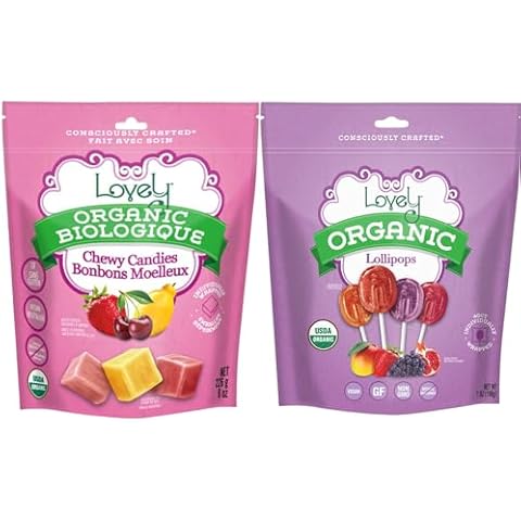 Lovely Candy Co. Organic Fruity (8oz) & Lollipops (7oz) Bag (1-pack) | Natural Flavors | Vegan, Gluten Free, Non-GMO, No Artificial Ingredients, Individually Wrapped Cover