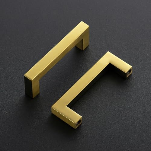 Image of Ravinte 30 Pack Kitchen Gold Cabinet Handles 3-1 /2 Inch Hole Center Stainless Steel Square Cabinet Pulls for Dresser Drawer Cupboard Handles with Screwdriver