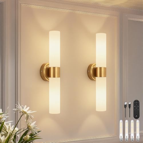 Image of Battery Operated Wall Sconce Set of Two, Modern Brushed Gold Wall Lighting with Milky White Glass, Wireless Wall Sconces with Remote Control