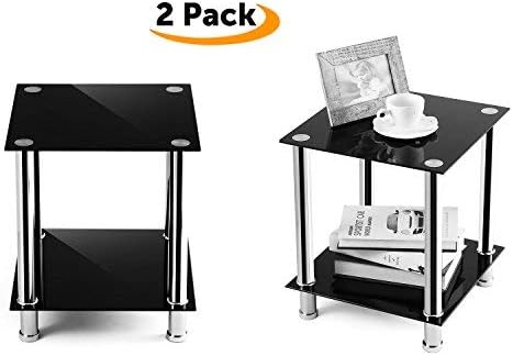 TAVR Glass Square End Table Set of 2 Industrial Night Stand Side Corner Coffee Table with Tempered Glass Shelves for Living Room Bedroom, Stainless Chrome Frame and Easy Assembly,Black ET5001