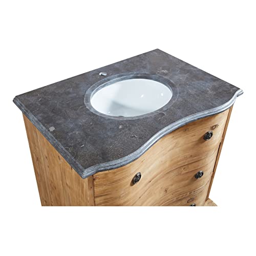 36" Handcrafted Natural Pine Solid Wood Single Vanity, Serpertine, With Natural Blue Stone Top #TOP3