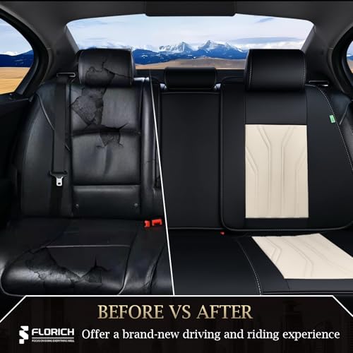 Image of FLORICH Rear Automotive Seat Covers Leather Car Seat Covers Waterproof Back Seat Cover Universal Seat Cushion Protector for Most Cars Trucks SUV-Black&Beige