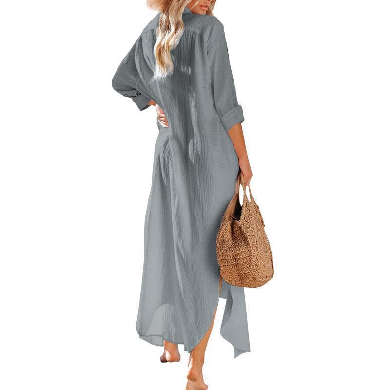 Vestito da donna a camicia, kimono lungo, a maniche corte, con bottoni e spacco laterale, copricostume da bagno
