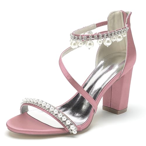 FQMAYPO Mujer Zapatos Boda Tacón Bloque Grueso Cristal Strass Perlas Punta Abierta Zapatos Noche Graduación Fiesta Correa Tobillo Pumps Boda Cremallera Trasera Sandalias Tacón,Rosado,42 EU