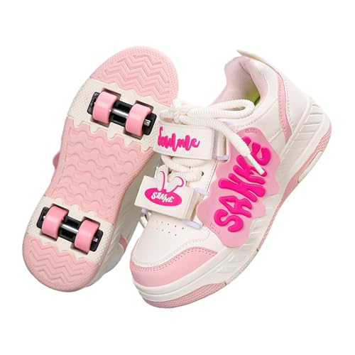 Hixingo Zapatillas con Ruedas, Multifuncionales 2 en 1 Zapatillas Patines, Resistentes al Desgaste Calzado de Skateboarding con Gancho y Bucle para Principiantes, Niños (Rosa,38)