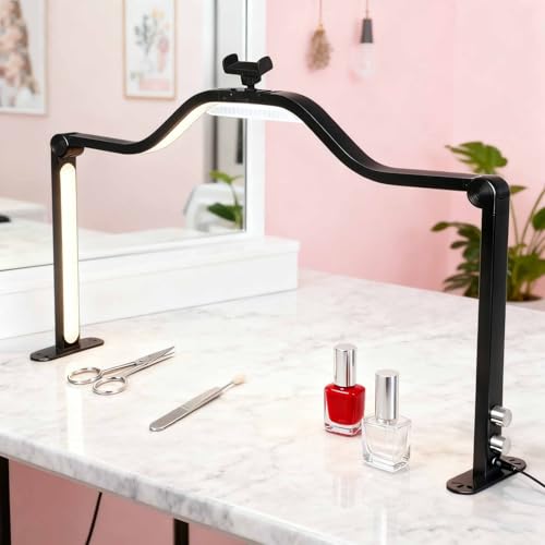 Upgraded Nail Tech Lamp for Desk, Tri-fold Large Nail Arch Light with Phone Holder, Half Moon Light, 3000K-6000K, 420 LEDs Manicure Lamp for Lash Extension/Tattoo/Beauty, 45W(Black)