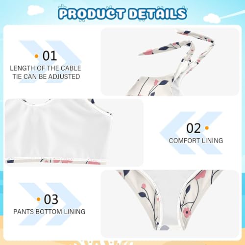 KLL Pink Floral Plant Small Fresh Background Girls' Two Piece Bikini Sets Beach Swimsuits Swimwear Adjustable Shoulder Strap4