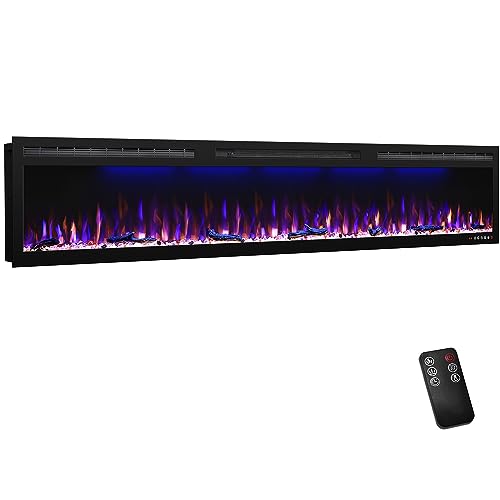 Image of 88-Inch Electric Fireplace, Recessed or Wall-Mounted Linear Heater, Ultra-Slim Frame, 1500W, 3 Flame Colors and 3 Top Lights, Log and Crystal Media, Remote, 1-9H Timer