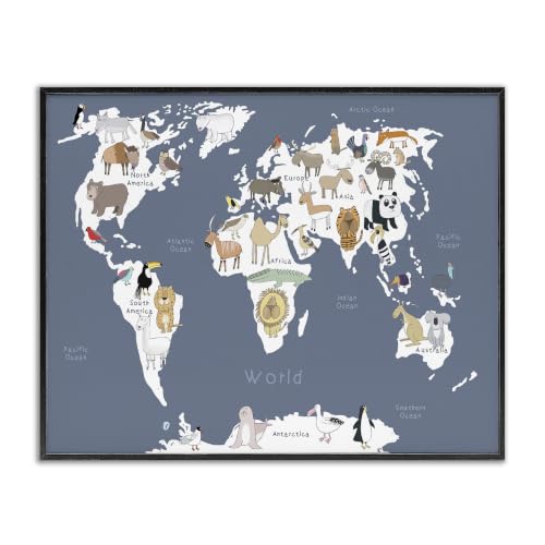 Adorable Animal World Map Kid's Lion, 24 x 30 Inch Framed Giclée Print