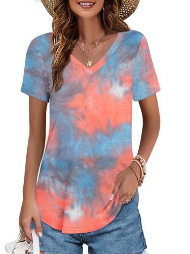 Image of Elesomo Womens T Shirts V Neck Summer Short /Long Sleeve Cotton Tops Tees