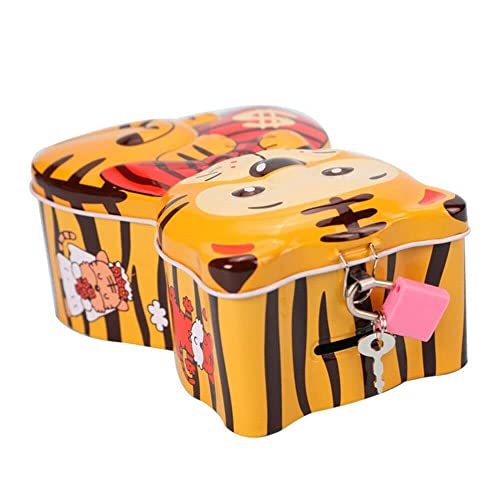 Image of WISHKEY Cute & Attractive Cartoon Tiger Shaped Metal Piggy Bank with Secure Lock & Keys for Kids, Money Saving Storage Coin Collector Box for Boys & Girls (Pack of 1, Multicolor)