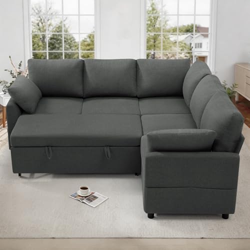 Image of 87 inch Fabric Sectional Sofa w /Pull Out Bed & Storage Space, Grey