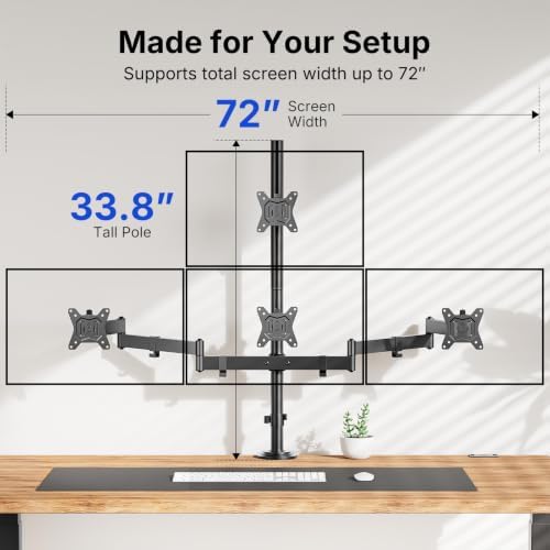 HUANUO 4 Monitor Mount for 13-27 Inch Screens, Fully Adjustable Heavy Duty Monitor Desk Mount for 4 Screens with Swivel, Tilt, Rotation, Larger C-Clamp & Grommet Base, Each Arm Holds up to 22 lbs