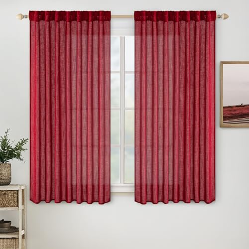 MIULEE Burgundy Red Short Curtains 63 Inch Length 2 Panels for Kitchen Bedroom, Christmas Soft Thick Linen Textured Living Room Window Drapes Semi Sheer Light Filtering Back Tab Burlap Look Decor