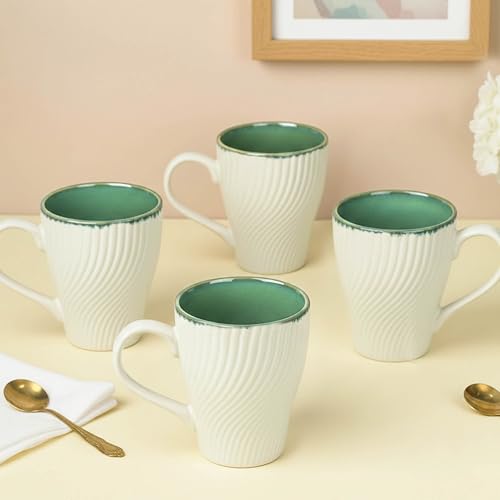Image of The Earth Store White Fusion Wave Coffee Mug - 300ML Ceramic Coffee Mugs Set of 4 | Microwave & Dishwasher Safe Mugs for Gift | Home | Office | Restaurant | Daily Use Tea Mug