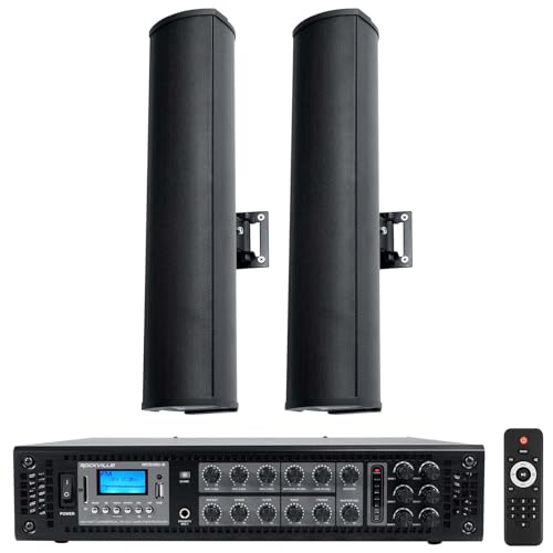 Rockville Bundle: RCS180-6 180W 6-Zone 70V Amp w/Bluetooth & Wet Array 4 Black Speakers, IP55 Wall Mount, 2-Way Line Array for Restaurant, Church, Auditorium, Indoor/Outdoor Use (3 Item)