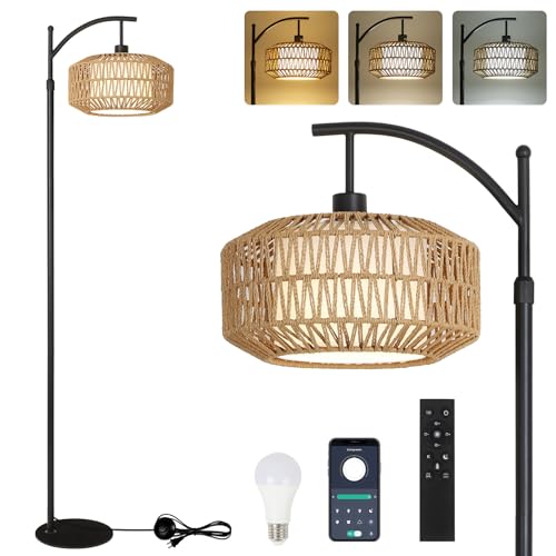 Rayofly Lámpara de pie de ratán para salón, lámpara de suelo regulable con mando a distancia, aplicación de control, lámpara de suelo Boho con pantalla de ratán, lámpara de pie moderna negra