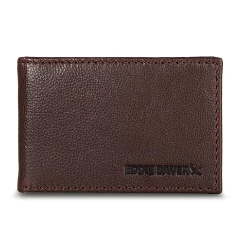 Eddie Bauer Signature Logo Leather Bifold Money Clip Wallet with 3 Card Slots and RFID Protection - Brown