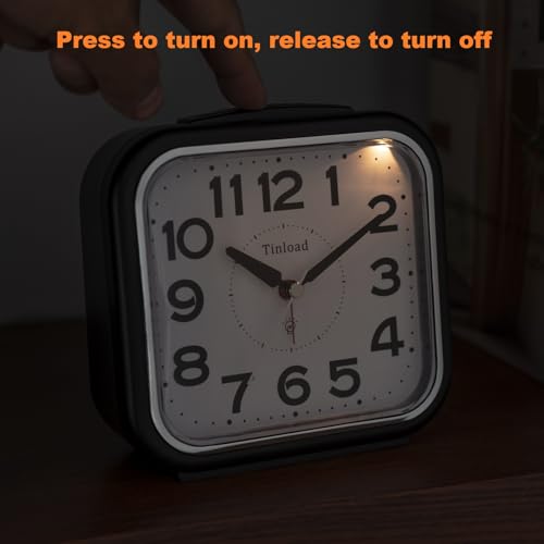 Image of Tinload 5.5 inch Large No Ticking Analog Alarm Clock,Silent Readable for Seniors,Easy to Set,Gradual Rise Alarm,Big Numbers,Gentle Wake,Snooze, Lighted on Demand,Battery Operated(Black-B)
