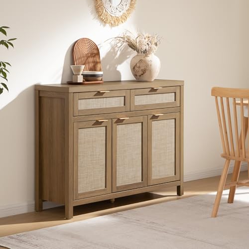 SICOTAS Rattan Sideboard Buffet Cabinet with Storage, Boho Credenza Accent Cabinet with 3 Doors and 2 Drawers, Farmhouse Console Coffee Bar for Kitchen, Living Room, and Entryway, Caramel Oak - Image 4