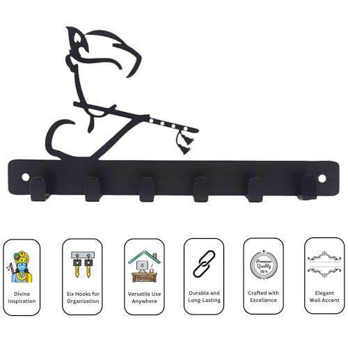 Image of Key Holder for Home, Metal Wall Mounted, 6 Hooks (Krishna Bansuri) | Cat Design, Includes Mounting Screws, For Home Use, 6 Hook Hanger, Metal Construction