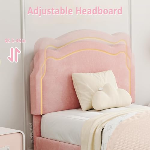 Image of Velvet Upholstered Princess Bed Frame with RGB LED Smart Light, Adjustable Bear Headboard, Wooden Slat Support, No Box Spring Needed, Noise-Free, Easy Assembly, Twin Size for Kids, Twin Pink