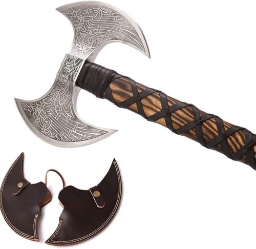 VIKING HOUSE I Camping Axe Tomahawk Viking Bearded Axe Christmas gifts-27 Long Odin's Double Edge Head Viking Axe Twin Blade Axe with Ash Wood Handle with Genuine Leather Sheath (OD-007)
