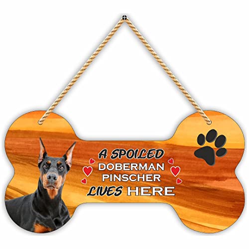 Image of CVANU Laser Cut MDF Wooden Dog Plaque Bone Design A Spoiled Doberman Pinscher Lives Here Animal Love Sign Board, Name Plate for Dog House Black & Golden, Size(10x5) inch