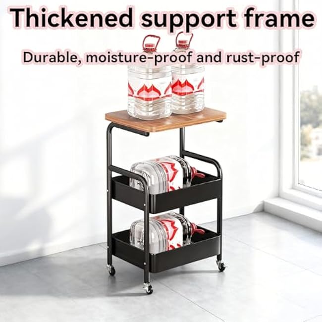 Functional Storage Trolley with Wooden Tabletop, Movable Bedside Table, Movable Multi-Tiered Living Room Snack Books Fruit Organizer Carts, Suitable for Bedroom, Living Room, Kitchen(Beige)-qBg7AEF0