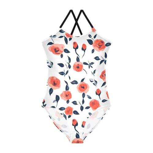 Floral Pattern Red Roses Kids Girls 1-Piece Swimsuits Summer Swimming Suits Adjustable Strap UPF 50+
