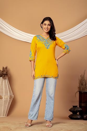 Image of Rayon Kashmiri Embroidered Short Kurti for Women | V-Neck Tunic Top with 3 /4 Sleeves | Floral Design Indo-Western Kurti for Jeans & Leggings