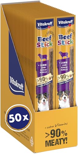 Vitakraft Beef Stick Original Hundeleckerli Fleischstick vom Lamm Hunde Trainingsleckerli ohne Zusatz von Zucker (50x 12g)