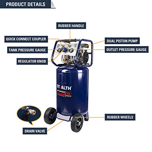 Image of STEALTH 20 Gallon Air Compressor, Ultra Quiet, Oil-Free and Long Life Cycle,1.8 Hp Large Air Compressor with Rubber Wheels (Blue, SAQ-12018)