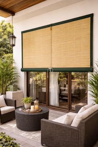 Image of Water Proof Bamboo Curtains for Balcony Roller Rollup Blinds Bamboo Chick Curtain, Rain, Sunlight Solution, Cold Air Protection, Window,Door (Color-Military Green,4ft x 8ft (W x H)