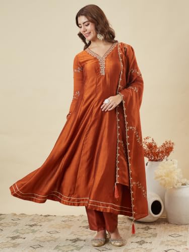 Image of MOKOSH Women's Silk Embroidery Anarkali Kurta Pant with Dupatta | Anarkali Kurta Set |Ethnic Kurta Set for Women |Floral Kurta 7 Colour Options Available |3 Piece Outfit