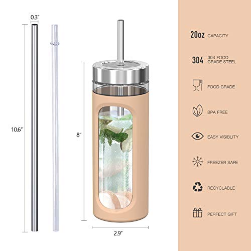 Kodrine 20oz Glass Tumbler with Straw and Lid - 2Pack (Amber, Hollow Silicone Sleeve, Reusable Metal Straw)