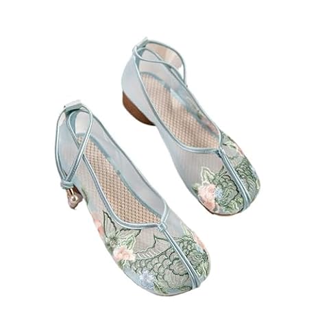 2024 Damskie Oddychające Siatkowe Buty Hanfu Cheongsam W Starożytnym Stylu Buty Z Paskiem Na Kostce W Stylu Chińskim Z Kwiatowym Haftem Lekkie Buty Do Chodzenia Na Co Dzień(Green,40 EU)