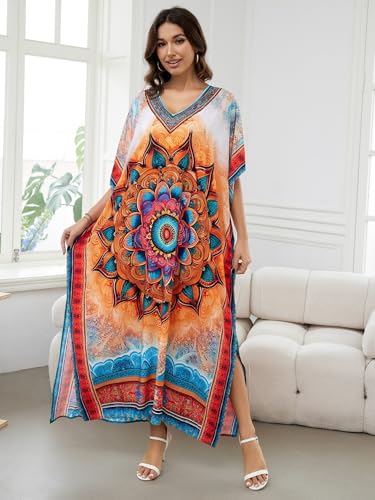 Image of IMAGEKOPE Women's Plus Size Loose Fit Moroccan Print V-Neck Batwing Kaftan Beach Dress Bathing Suit Cover Up