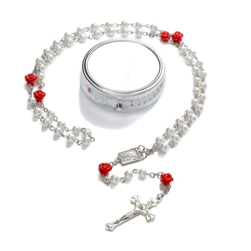 GlamRays Rosariene Perles Catholique - Cadeaux De Confirmation pour Filles Adolescente, Argent Style Simple Boîte Cadeau Métallique, Chapelet De Perles Artificielles Blanches, Cadeaux pour