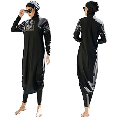 FYMNSI Damen Ganzkörper Badeanzüge Muslimische Bademode Badeanzug Full Cover Bescheidene Badebekleidung Modest Muslim Swimwear Beachwear Burkini Langarm Tops Hose Hijab Kopftuch 3er Set 2# Schwarz XL Cover